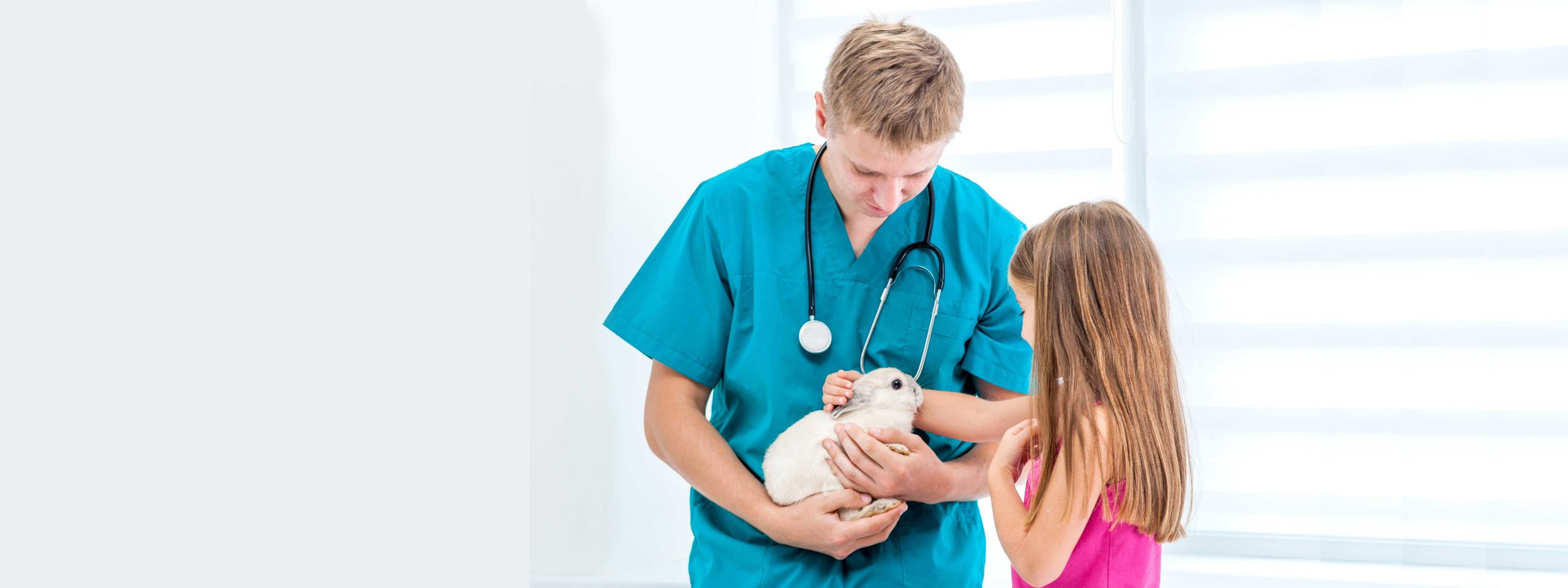 A doctor holds a rabbit and a child next to him